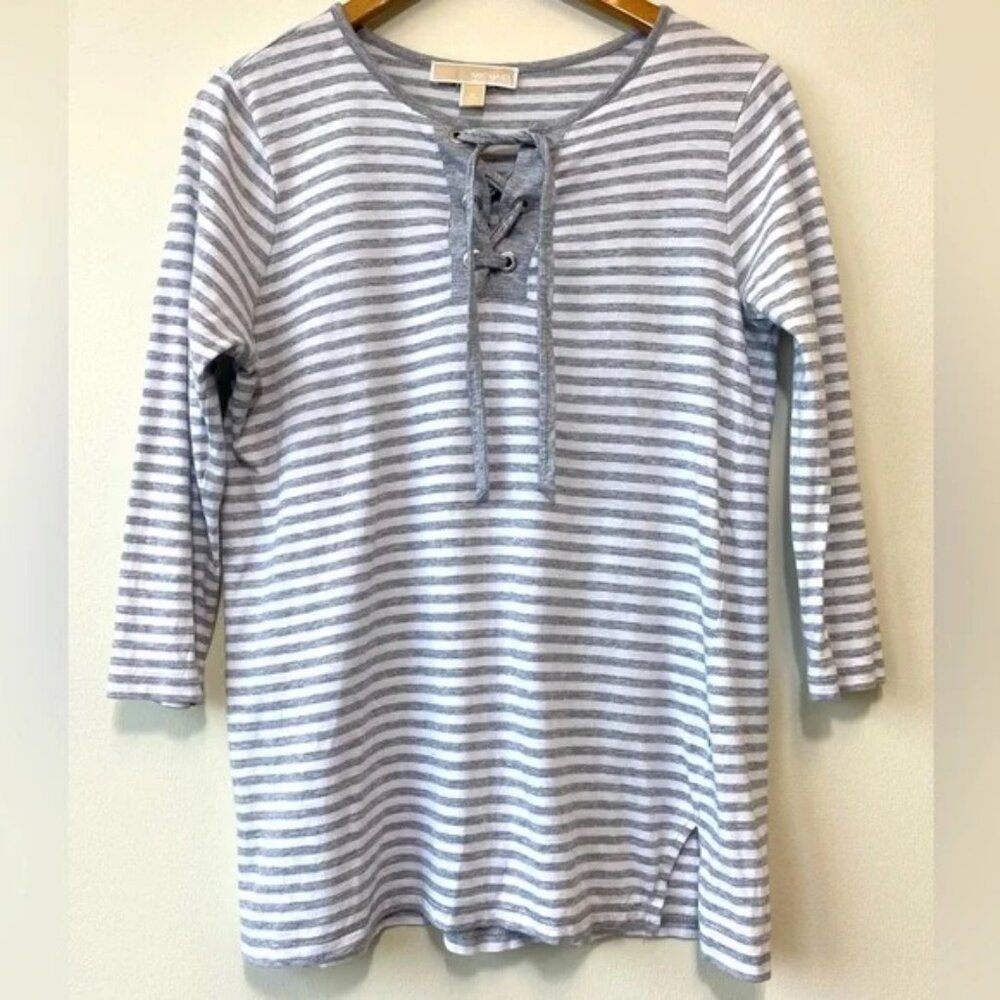 Michael Michael Kors Gray and White Striped Lace up 3/4 Sleeve Top